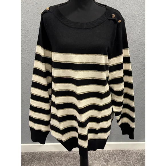 Lane Bryant Black and Gold Striped Sweater with Button Detail, Size 26/28 - Picture 1 of 7